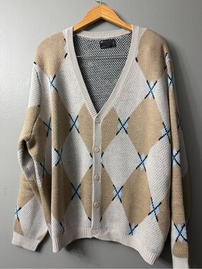 ASOS Men's Beige Argyle Button-Front Cardigan Sweater 2XL